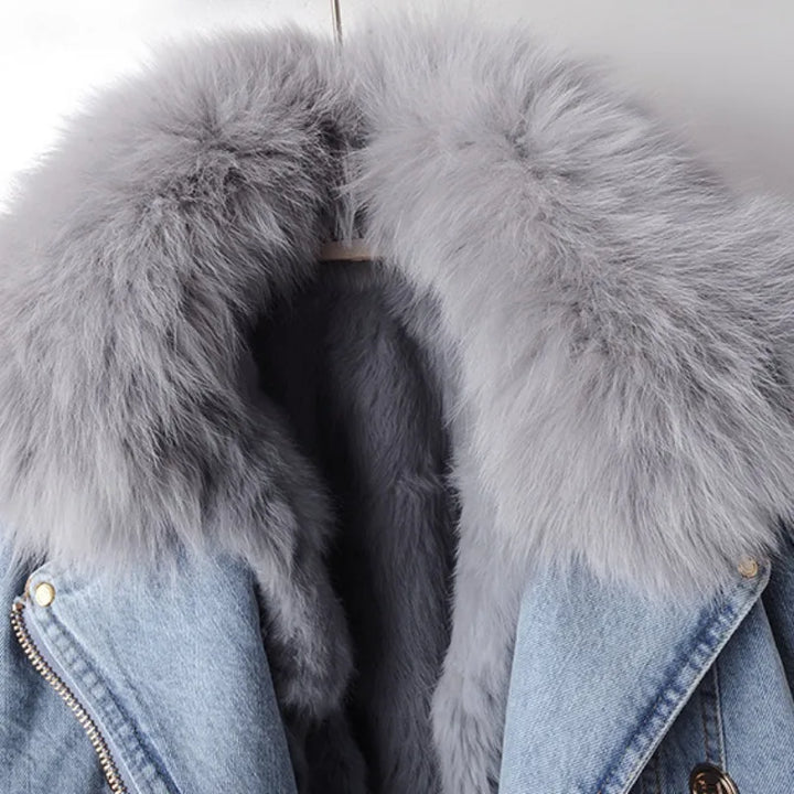 Denim-Mantel mit Fuchspelzfutter