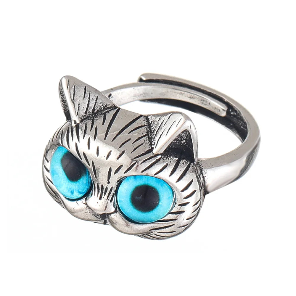 Ring mit Katze und blauen Augen – Verspielt vintage Silberring mit Tier für Katzenliebhaber