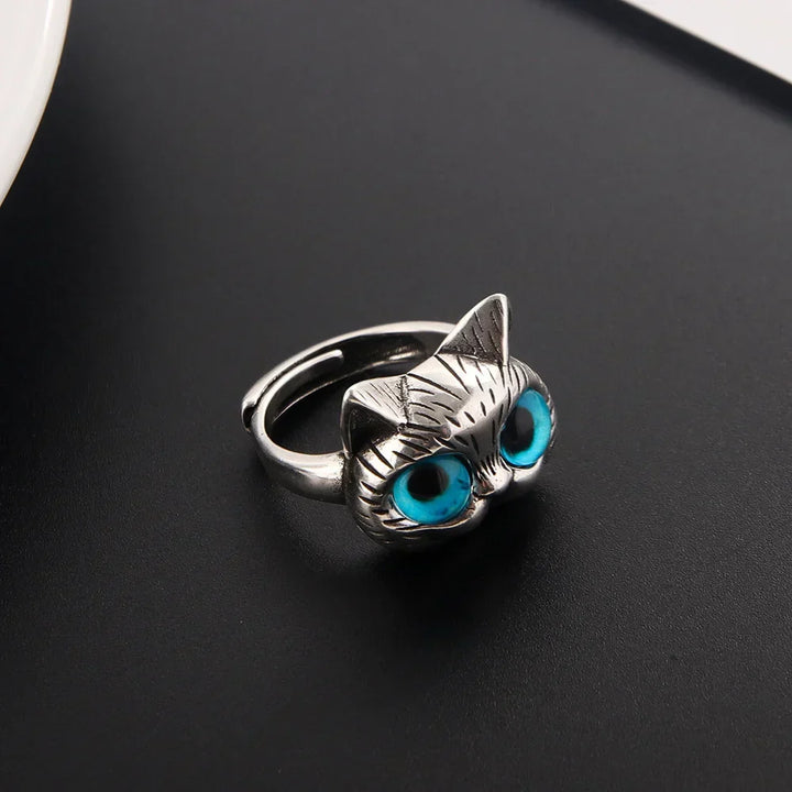 Ring mit Katze und blauen Augen – Verspielt vintage Silberring mit Tier für Katzenliebhaber