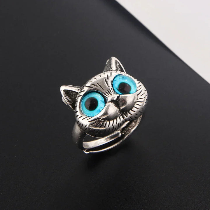 Ring mit Katze und blauen Augen – Verspielt vintage Silberring mit Tier für Katzenliebhaber