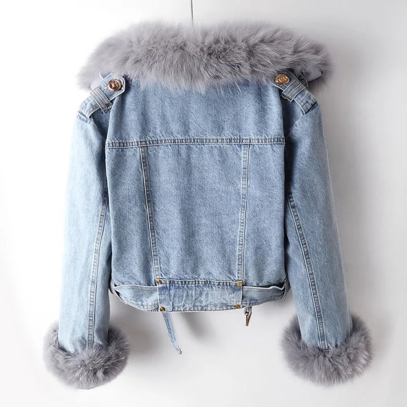 Denim-Mantel mit Fuchspelzfutter