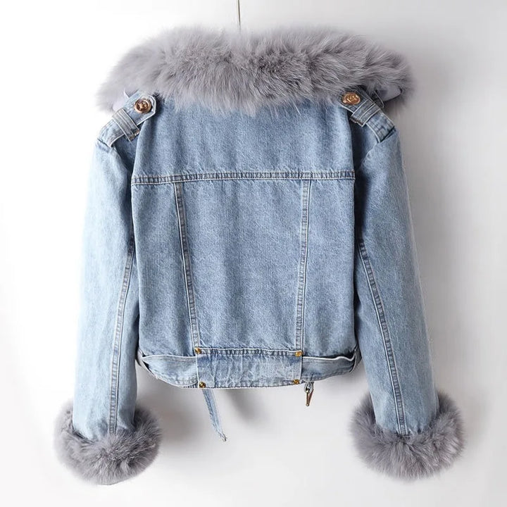 Denim-Mantel mit Fuchspelzfutter