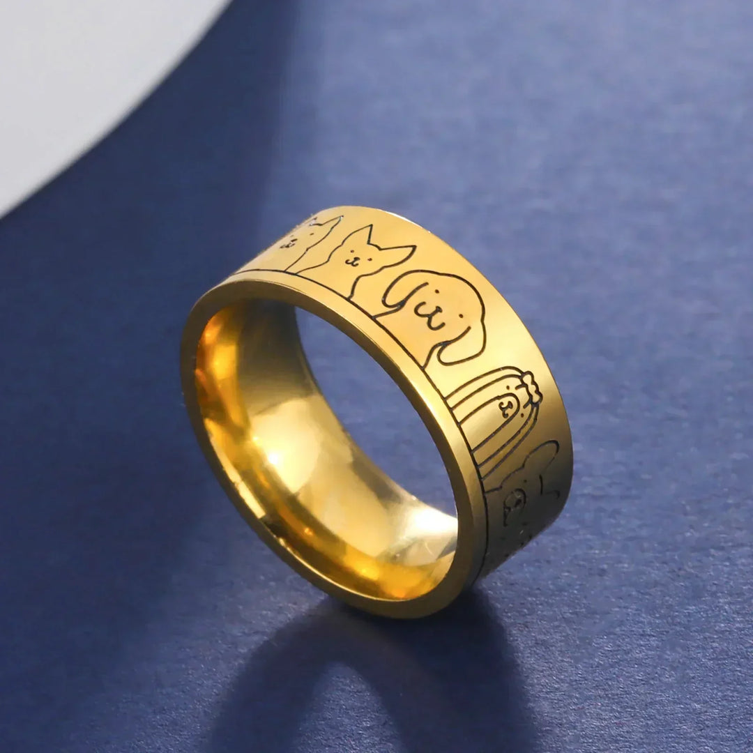 Breiter Ring aus Edelstahl mit Hundenmotiven