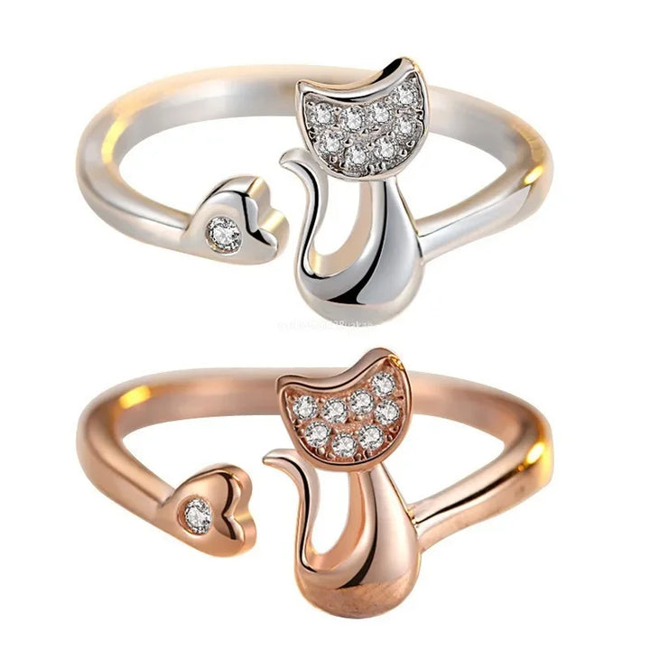 Offener Ring mit süßem Katzenmotiv – Zirkonia