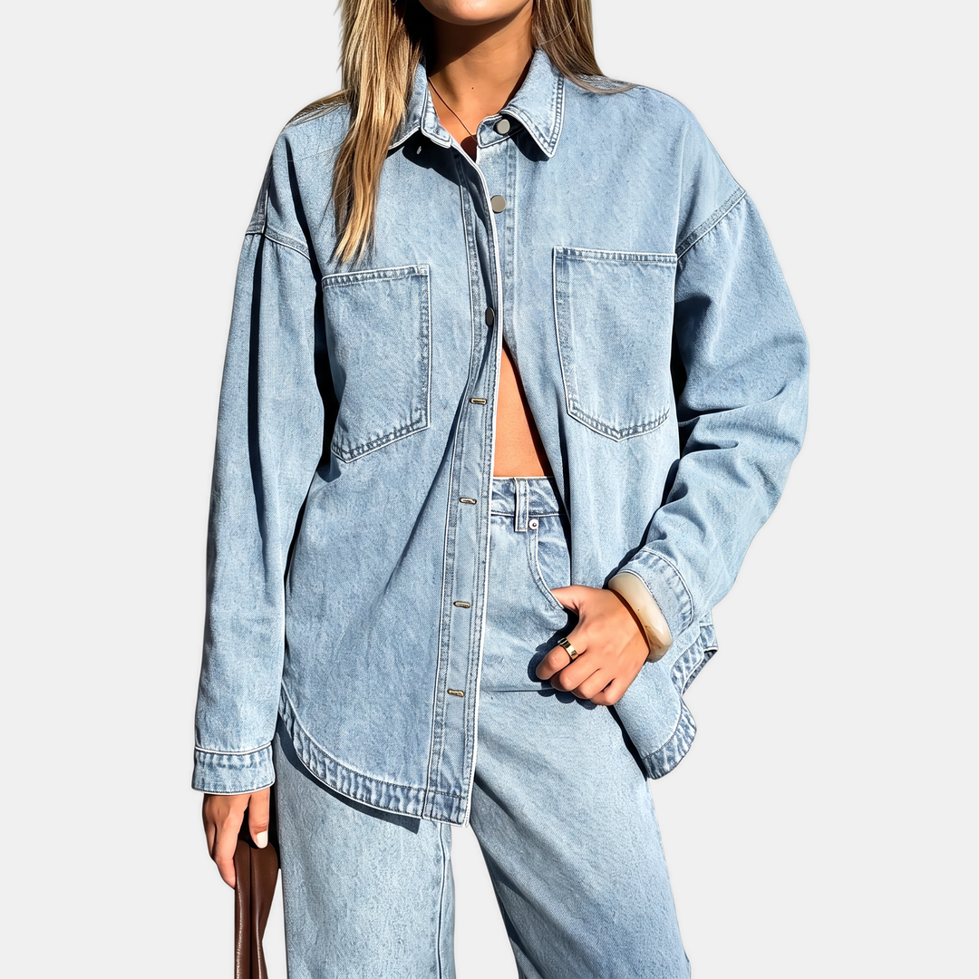Damen Oversized Button-Down Gewaschene Denimjacke mit langen Ärmeln