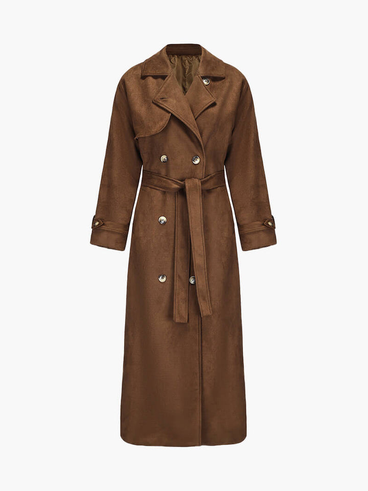 Eleganter langer Wildleder-Trenchcoat mit Taillengürtel