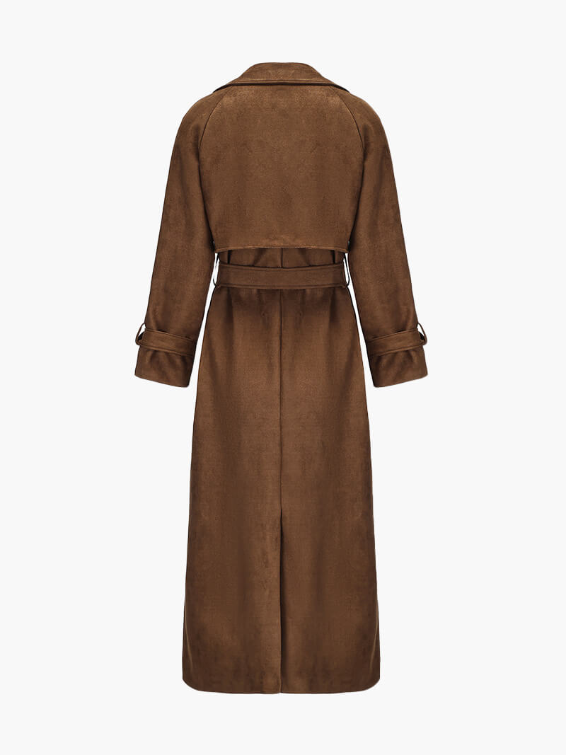 Eleganter langer Wildleder-Trenchcoat mit Taillengürtel