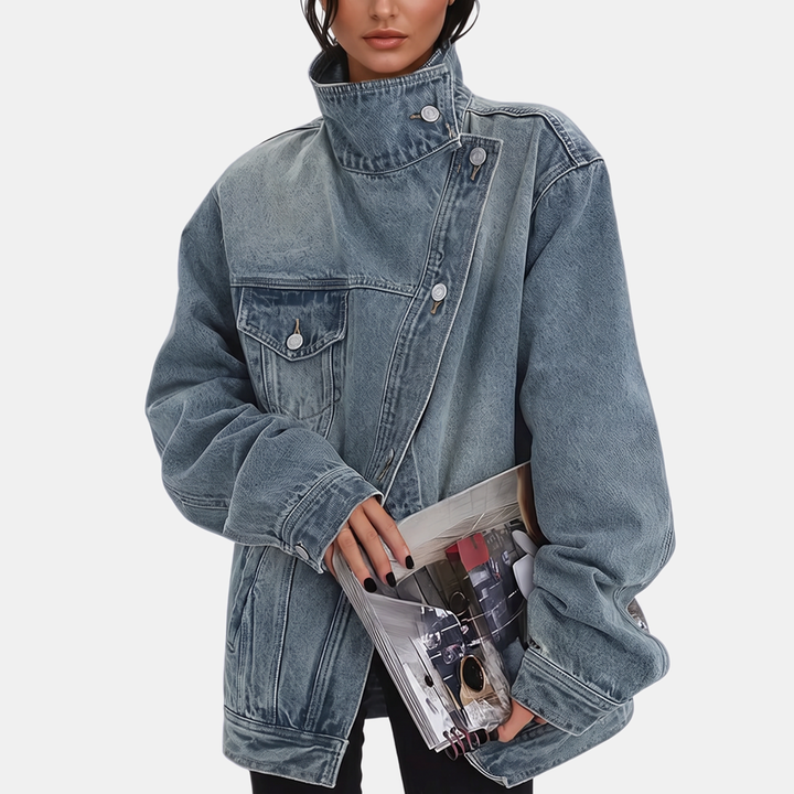 Damen asymmetrische Knopfleiste gewaschene Denimjacke