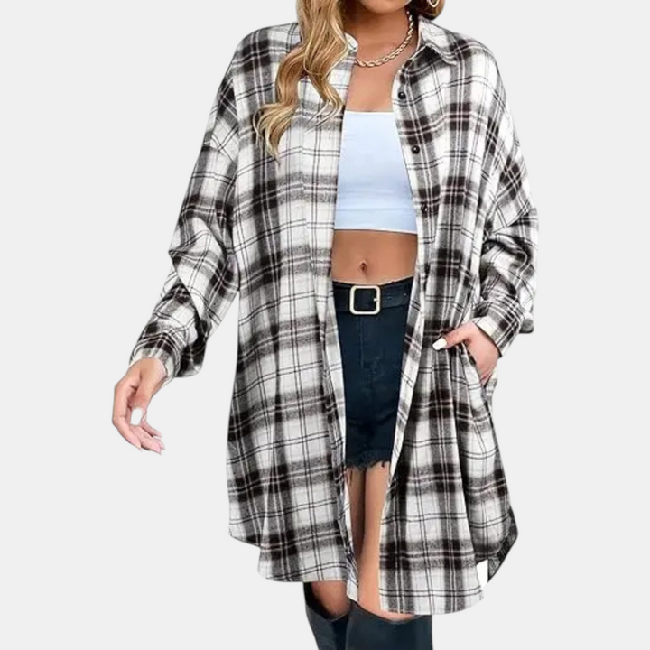 Damen Flanell Karo Button-Front Übergroßes Midi-Hemd