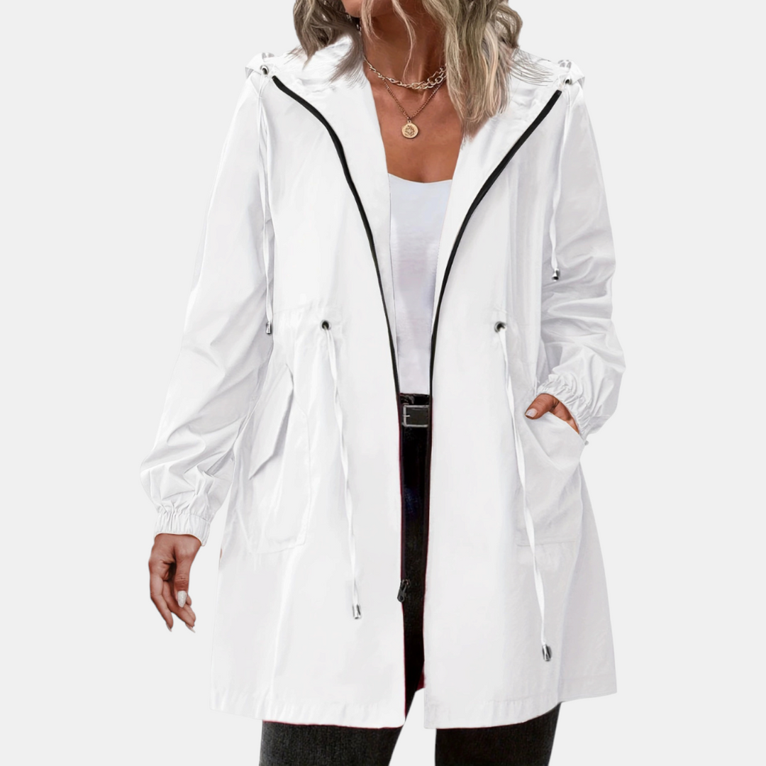 Damen Windbreaker mit Kordelzug in der Taille, Kapuze, lange Jacke