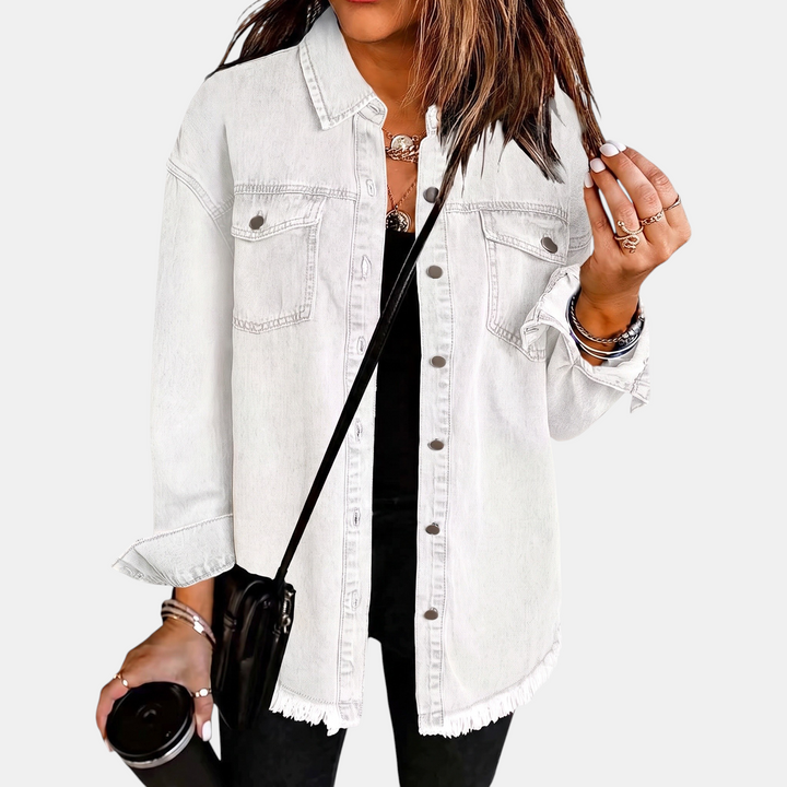 Damen Jeansjacke mit rohem Saum und Druckknöpfen