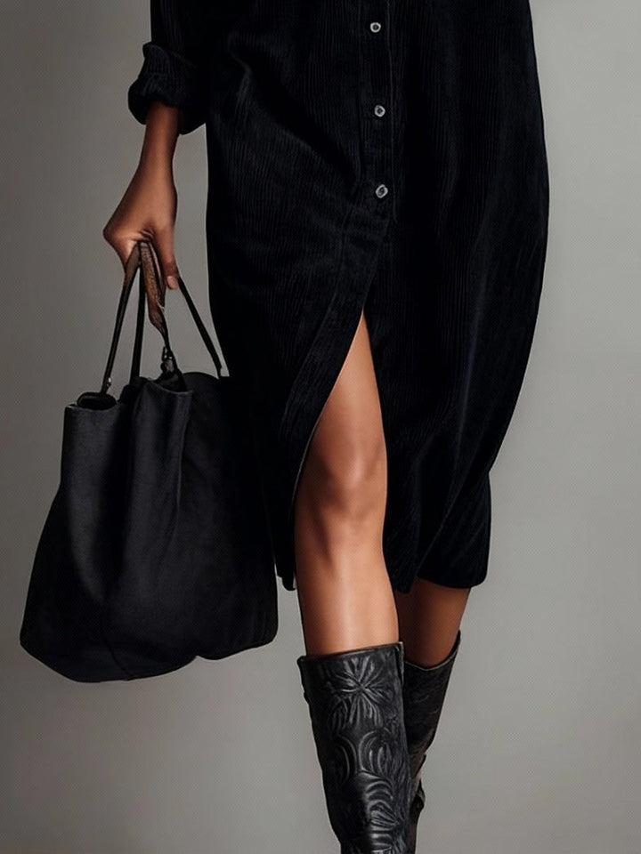 Damen Locker geschnittenes Cord-Midikleid mit doppelter Brusttasche