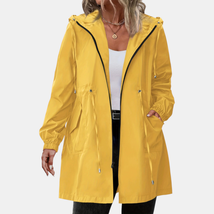 Damen Windbreaker mit Kordelzug in der Taille, Kapuze, lange Jacke
