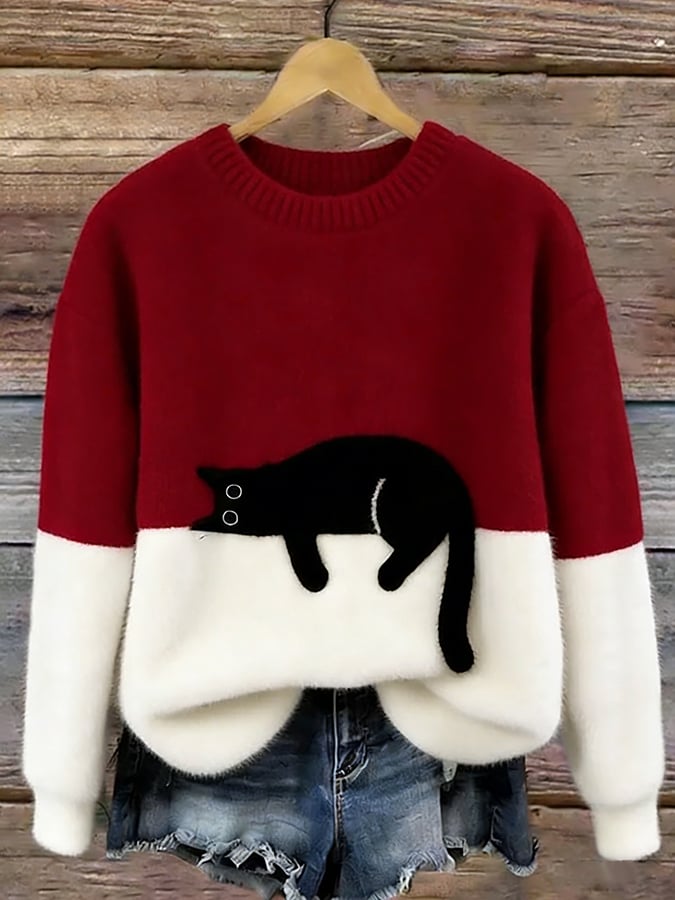 Eleganter Oversize-Pullover mit Katzenmotiv