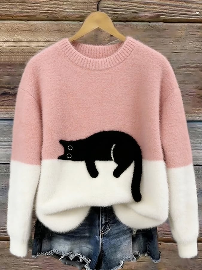 Eleganter Oversize-Pullover mit Katzenmotiv