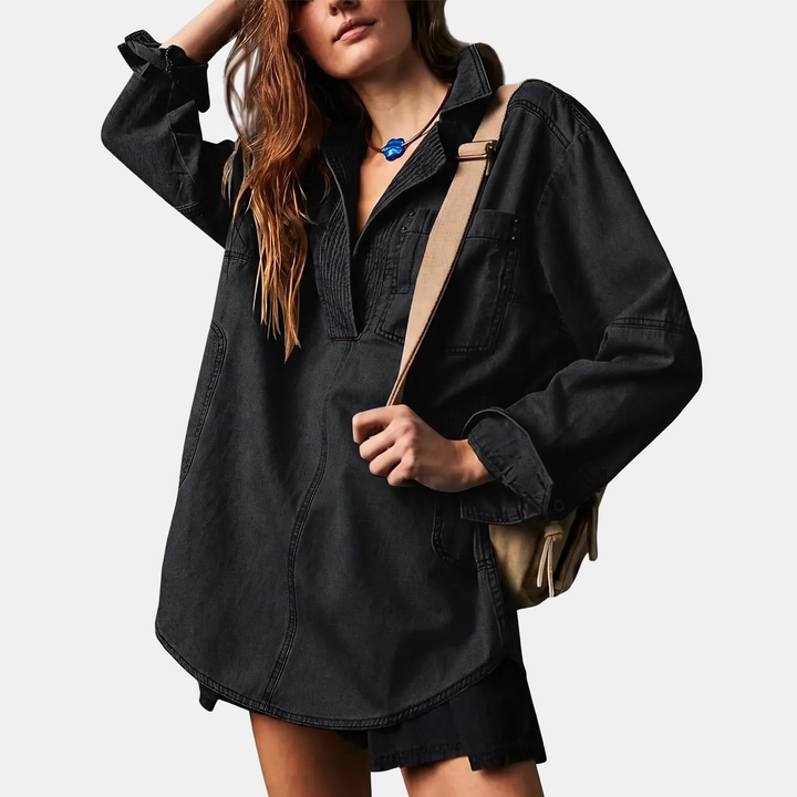 Damen Oversized V-Ausschnitt Langarm Denim Pullover Shirt