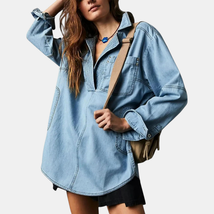 Damen Oversized V-Ausschnitt Langarm Denim Pullover Shirt