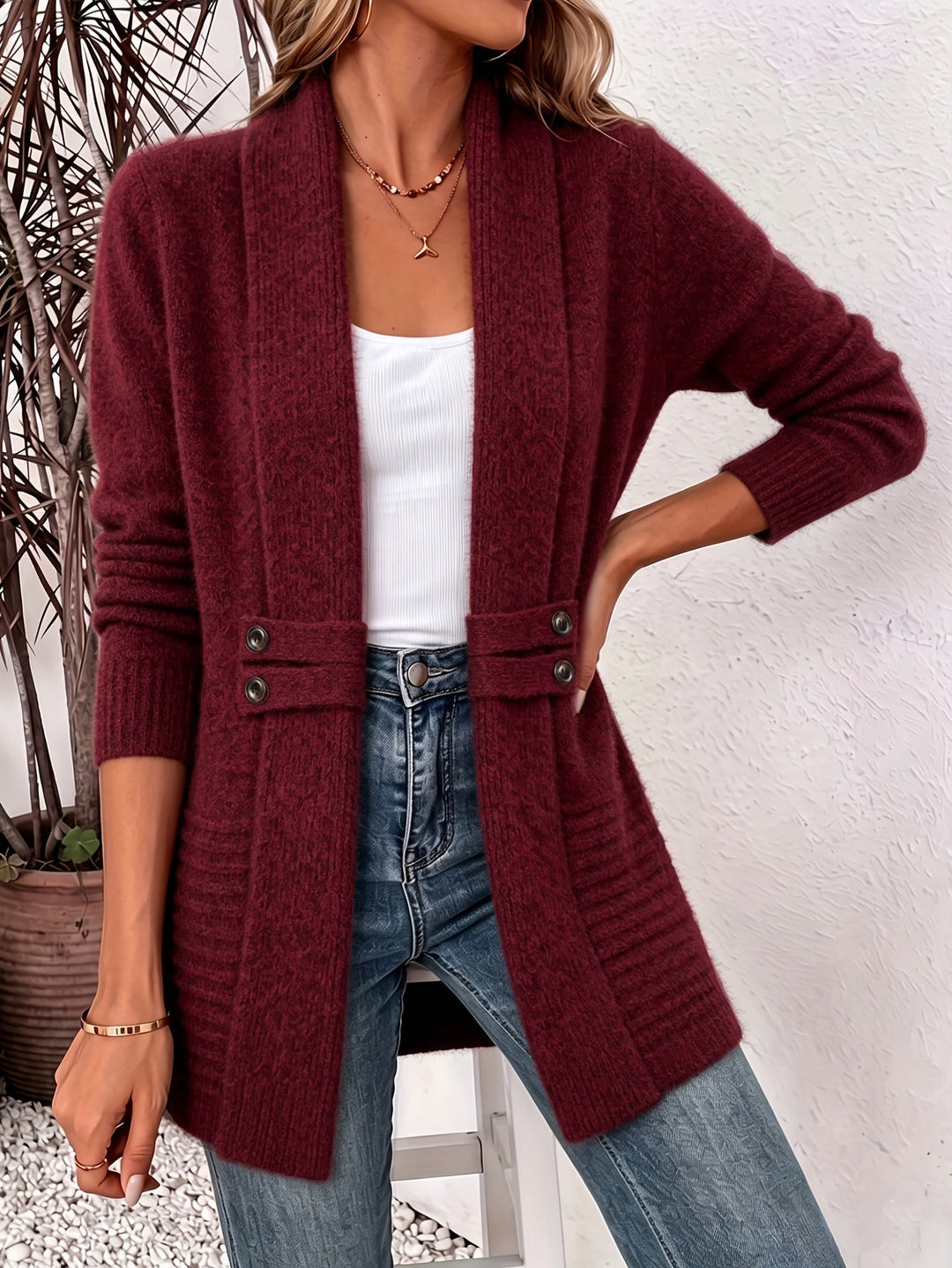 Ingrid| Eleganter Damen Cardigan - Offene Vorderseite &amp; Eingearbeitete Taille