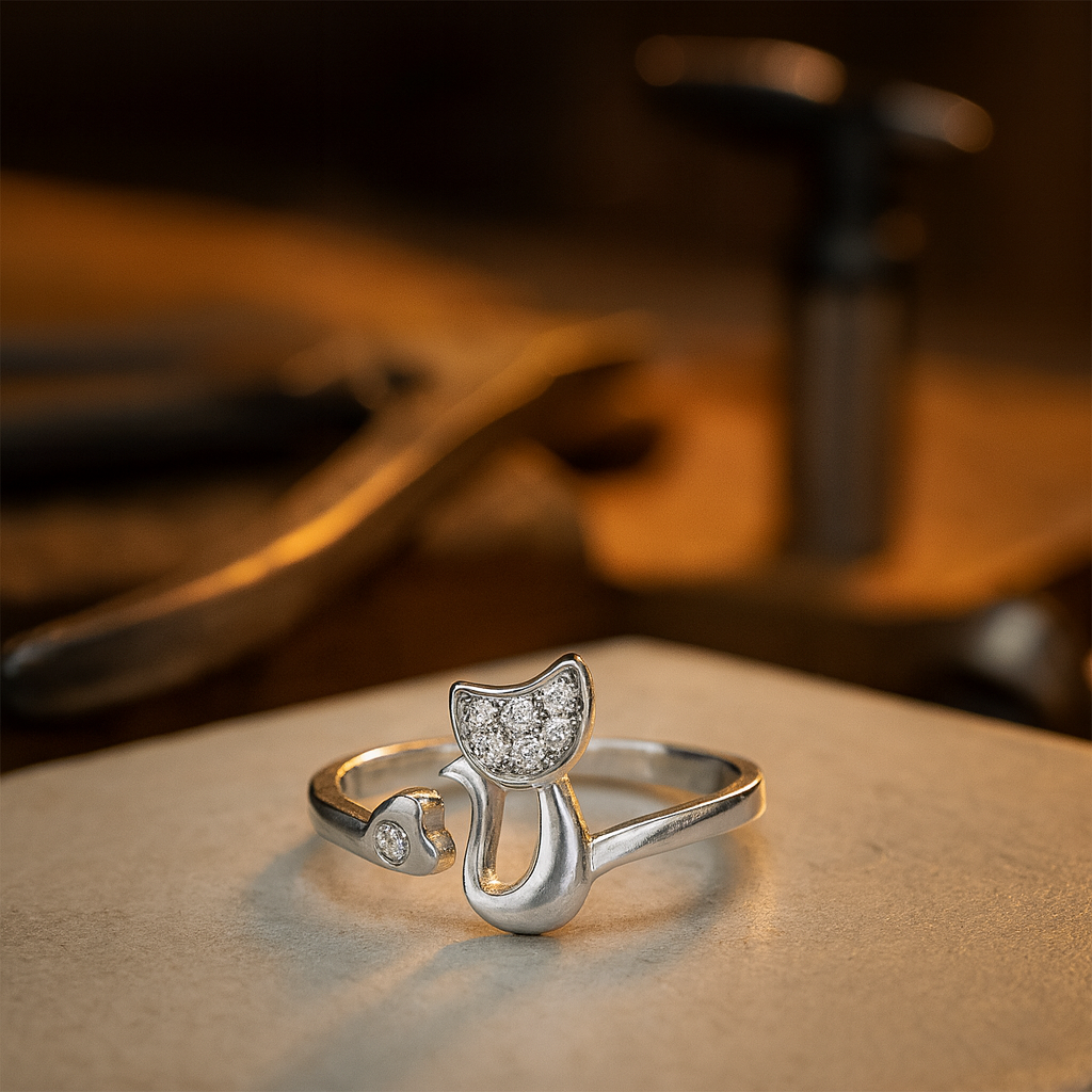 Offener Ring mit süßem Katzenmotiv – Zirkonia