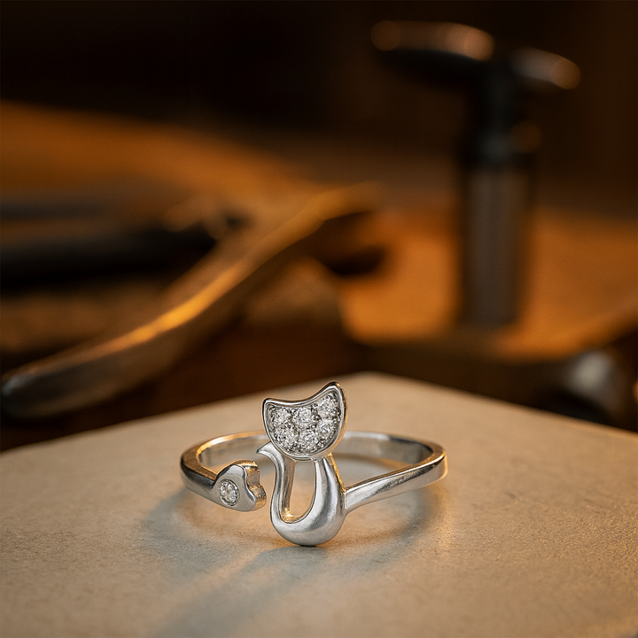 Offener Ring mit süßem Katzenmotiv – Zirkonia