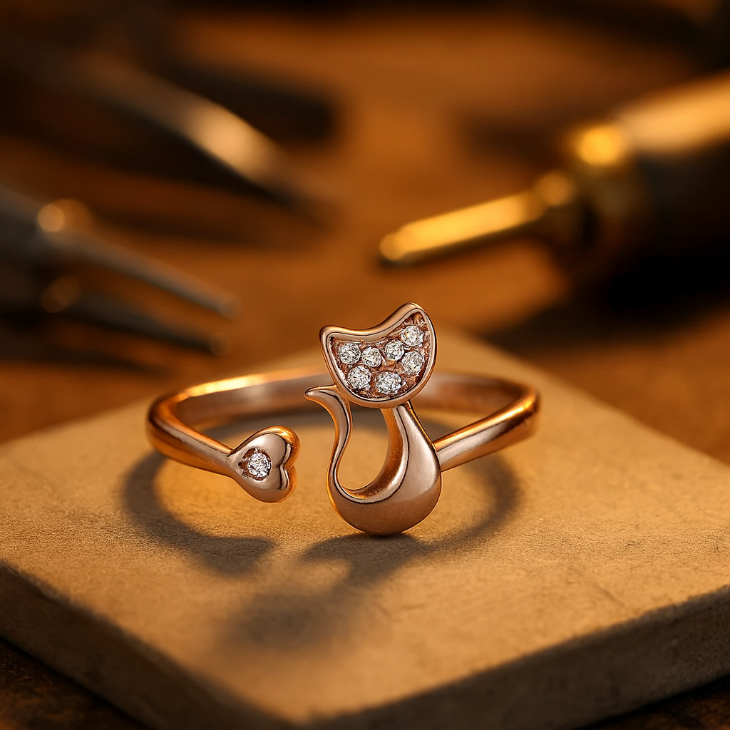 Offener Ring mit süßem Katzenmotiv – Zirkonia