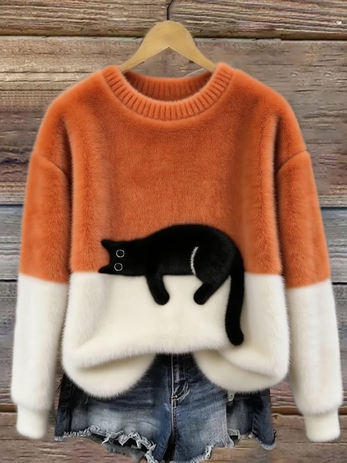 Eleganter Oversize-Pullover mit Katzenmotiv