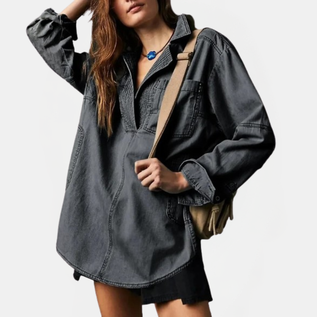 Damen Oversized V-Ausschnitt Langarm Denim Pullover Shirt