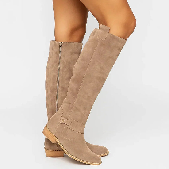 Damen Kniehohe Veloursleder-Stiefel mit Blockabsatz