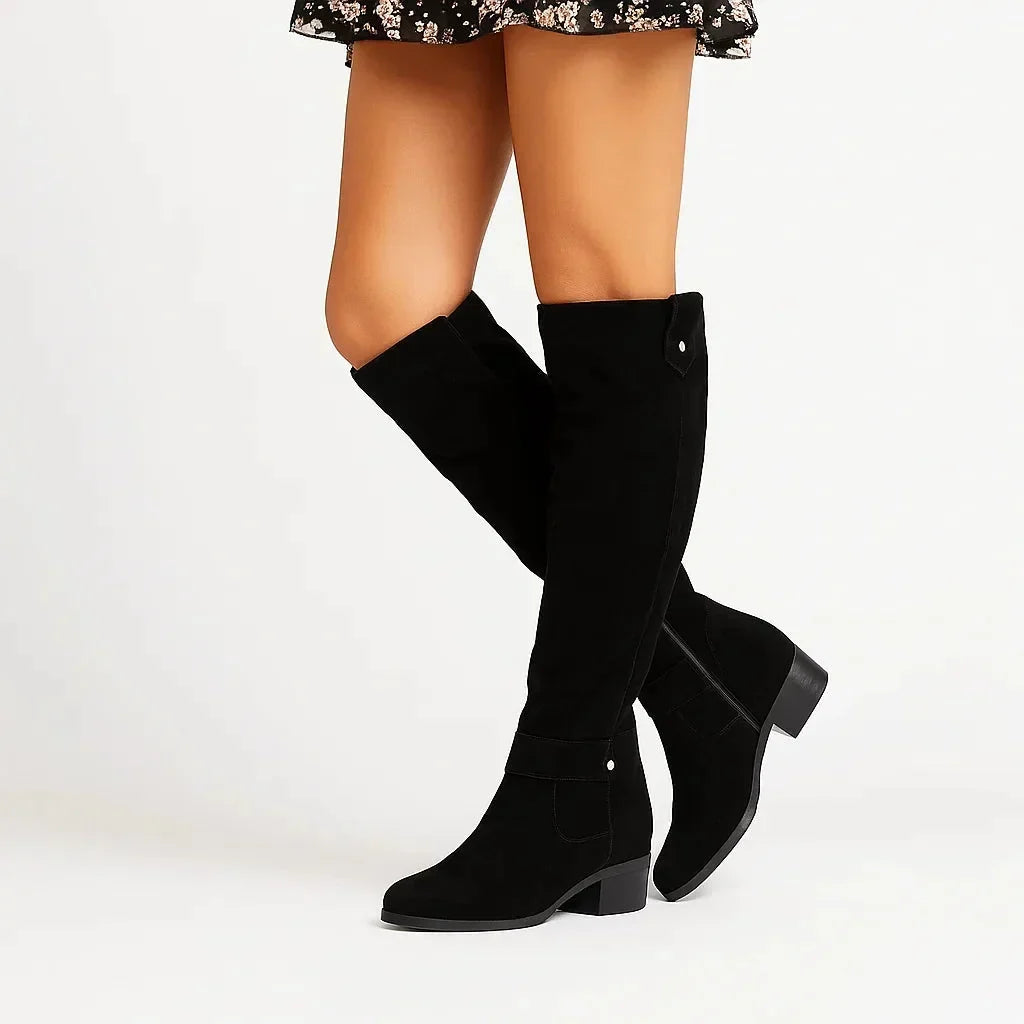 Damen Kniehohe Veloursleder-Stiefel mit Blockabsatz