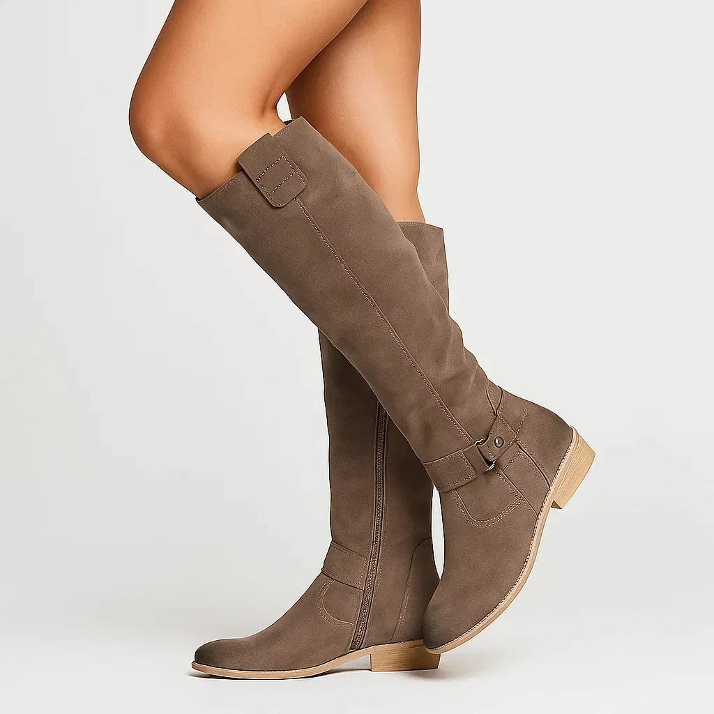 Damen Kniehohe Veloursleder-Stiefel mit Blockabsatz