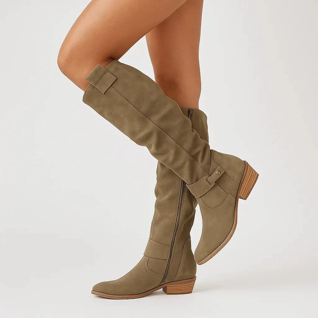Damen Kniehohe Veloursleder-Stiefel mit Blockabsatz