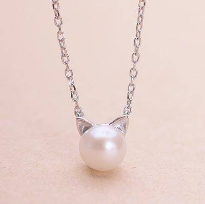 Halskette aus Sterlingsilber mit katzenförmiger Perle